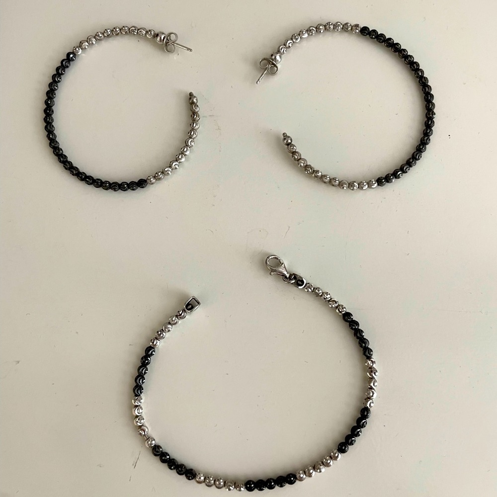 Black and silver shiny bracelet and hoops